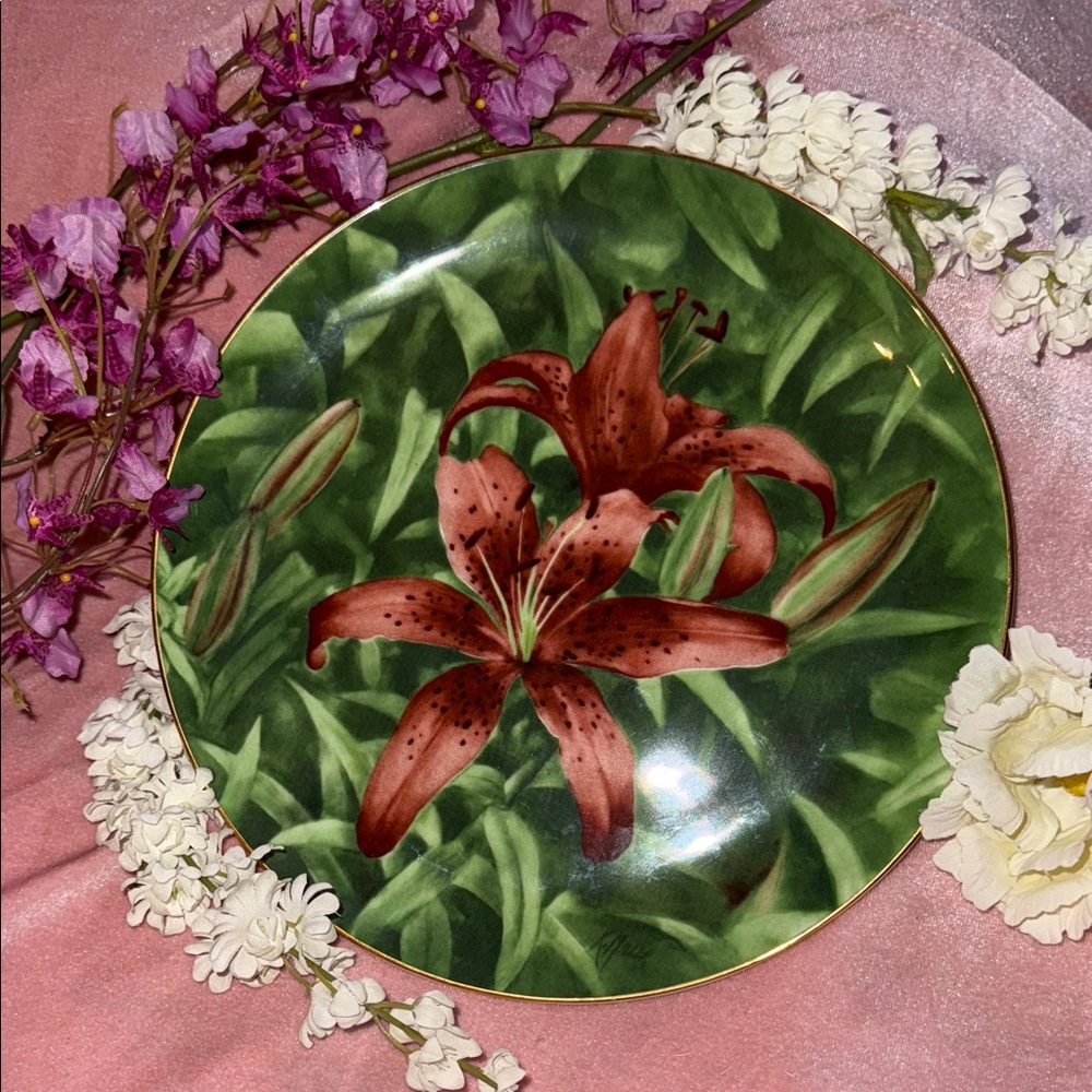 Floral Decorative Plate with Red Lilies